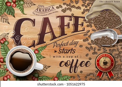 Top view of 3d illustration black coffee on retro engraving cherries and beans background, premium badge on the lower right