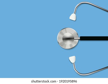 Top view of 3d realistic stethoscope. Medical instrument for listening to the action of someone's heart or breathing, placed against the chest and two tubes connected to earpieces. vector illustration