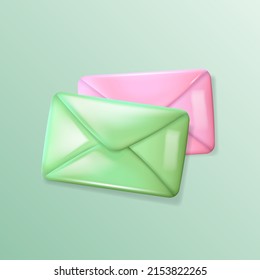 Top view of 3d rendering shiny green and pink letters. Collection of cartoon glossy envelopes isolated on gradient green background. Vector illustration EPS 10