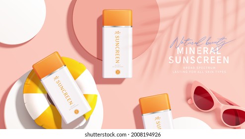 Top view of 3d sunscreen bottle and sunglasses on round podium. Concept of spa and vacation. Cosmetic product display or ad template.