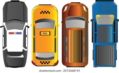 Top view of 4 car models. SUV pickup , station wagon, taxi 
 cab and police car.Personal or public transport.  