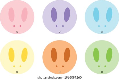 top view 6 cute pastel rabbits (pink, purple, blue, yellow, orange, green)