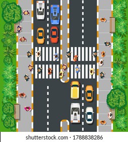 Von oben hat man einen Stadtplan mit Straßen und Bäumen, Menschen und Bänken. Stock-Vektorgrafik von Design und Kreativität.