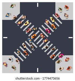 Top View from above the intersection of the street with the people of the city map module. Infrastructure of the town with streets illustration design creative