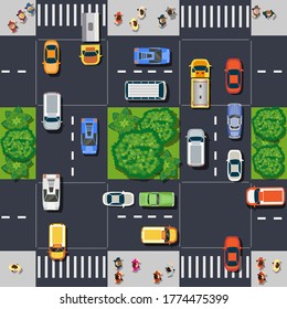 Vista superior desde arriba de la intersección de la calle con la gente del módulo de mapas de la ciudad. Infraestructura de la ciudad con el diseño de ilustración de la calle creativo