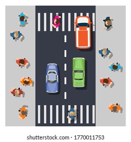 The top view from above is a map of the city with town infrastructure, people, roads, trees, parks, and gardens. The design of the object is a vector illustration for games, apps, and scenery.