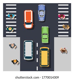 La vista superior desde arriba es un mapa de la ciudad con infraestructura urbana, gente, caminos, árboles, parques y jardines. El diseño del objeto es una ilustración vectorial para juegos, aplicaciones y escenarios.