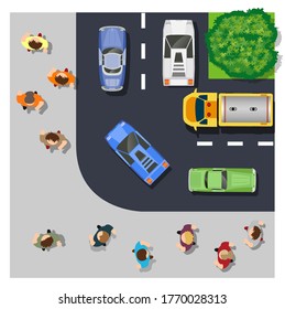 La vista superior desde arriba es un mapa de la ciudad con infraestructura urbana, gente, caminos, árboles, parques y jardines. El diseño del objeto es una ilustración vectorial para juegos, aplicaciones y escenarios.