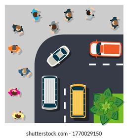 La vista superior desde arriba es un mapa de la ciudad con infraestructura urbana, gente, caminos, árboles, parques y jardines. El diseño del objeto es una ilustración vectorial para juegos, aplicaciones y escenarios.