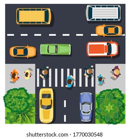 The top view from above is a map of the city with town infrastructure, people, roads, trees, parks, and gardens. The design of the object is a vector illustration for games, apps, and scenery.