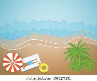 Top view from above on the beach with Man Sunbathe in summer season,vector and illustration.