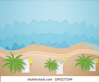 Top view from above on the beach with  Sandals,Life ring, Snorkel under the coconut trees,vector and illustration.