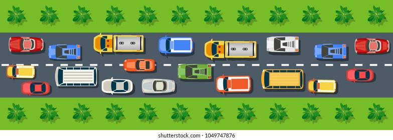Top view from above on a city street with cars, trees, bus