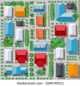 Top view from above on a city street with cars and people