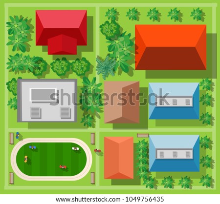 Top view from above on a city street with trees
