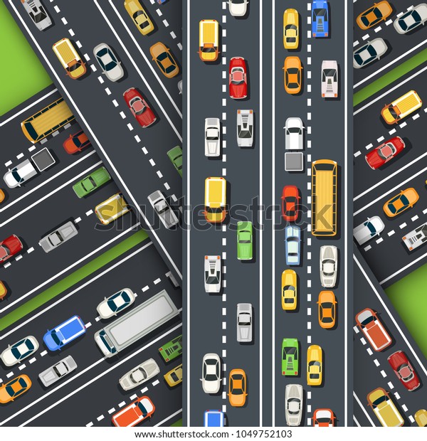 Top view from above on a city street\
speed highway with cars and buses, trees and\
trucks