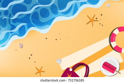 Top view above the sand beach with star fish, sea shell, pink summer tote bag, life ring and plate of ice cream with copy space for text
