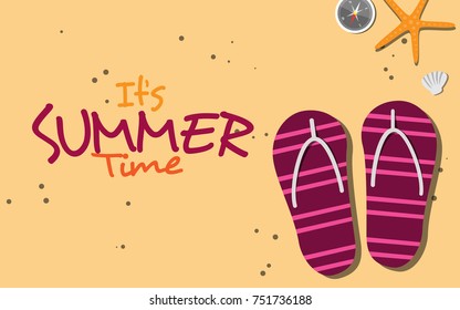 Top view above the sand beach with star fish, sea shell, pink slipper, compass with text "It's SUMMER Time"