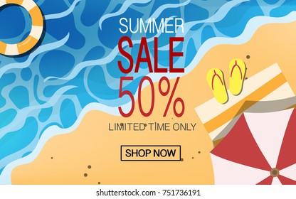 Top view above the sand beach with sea and waves and with star fish, sea shell, yellow slipper, summer pink tote bag under beach umbrella with text "summer sale 50% limited time offer"