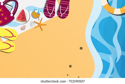 Top view above the sand beach with sea, waves, beach towel, red tote bag, watermelon, orange juice, yellow slipper and life ring with copy space for text on sand beach