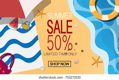 Top view above the sand beach with sea and waves and with star fish, sea shell, yellow slipper, summer pink tote bag with text "summer sale 50% limited time offer"