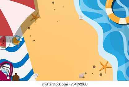 Top view above the sand beach with sea, waves, star fish, sea shell, beach towel with some stuffs and the copy space for text