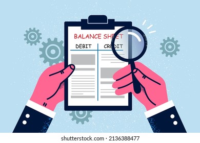 Top view of accountant with magnifying glass consider debit and credit for company. Financier check money balance, prepare financial report. Bookkeeping and accounting. Vector illustration. 