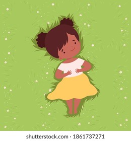 Top View of Adorable African American Girl Lying Down on Green Lawn, Cute Kid Lying on Grass Dreamily Looking into Sky Cartoon Vector Illustration