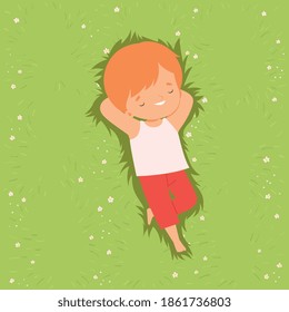 Top View of Adorable Boy Lying Down on Green Lawn with Hands behind his Head, Cute Kid Lying on Grass Dreamily Looking into Sky Cartoon Vector Illustration