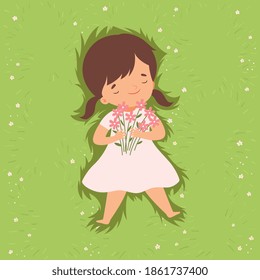 Top View of Adorable Brunette Girl Lying Down on Green Lawn, Cute Kid Lying on Grass Dreamily Looking into Sky Cartoon Vector Illustration