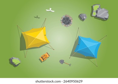 Top view. Aerial. Vector images of a tourist clearing with tents, birds, backpacks, a campfire, rocks, a shovel on a green grass. View from above. Active leisure. Camping.  Ecotourism.