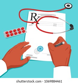 Top view of african american doctor hands writing prescription on paper. Health and medical concept.