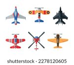Top view of aircrafts set. Various civil and military airplanes cartoon vector illustration