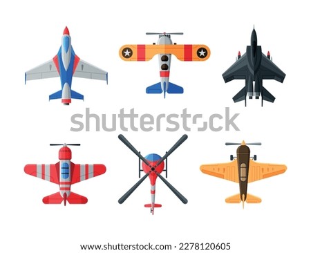 Top view of aircrafts set. Various civil and military airplanes cartoon vector illustration