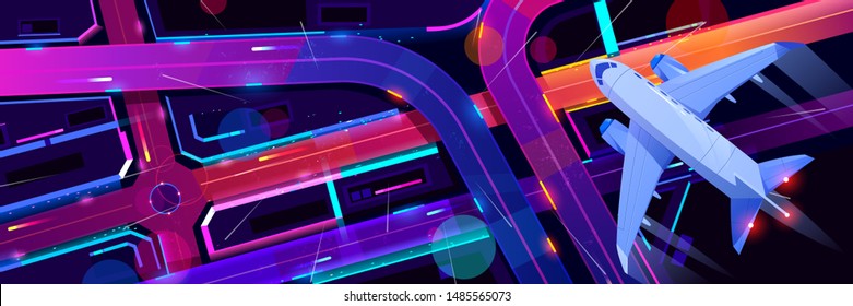 Top View Of Airplane Flying Above Night City Transport Interchange. Plane Journey Over Modern Megapolis With Neon Glowing Skyscrapers, Moving Cars, Old Film Noise Effect. Cartoon Vector Illustration