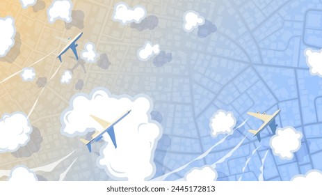 Top view of airplane flying above city map. Panoramic scenery top view on planes flies among the clouds. Plane journey over modern megapolis city residential district. Vector illustration