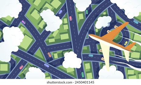 Top view of airplane flying above city. Transport interchange houses. Plane journey over megapolis with moving cars. Vector illustration