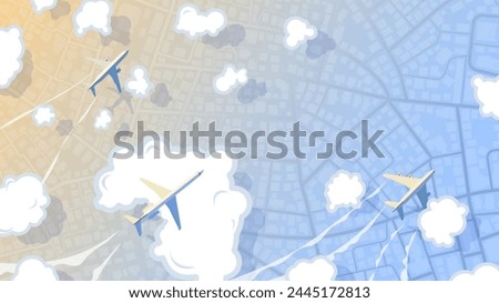 Top view of airplane flying above city map. Panoramic scenery top view on planes flies among the clouds. Plane journey over modern megapolis city residential district. Vector illustration