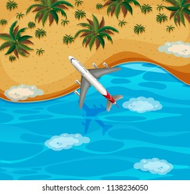 Top view of airplane flying over the beach illustration