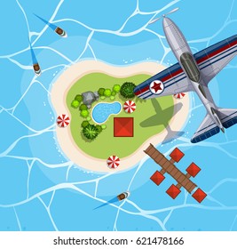 Draufsicht des Flugzeugs, das über die Inselgrafik fliegt