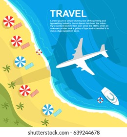 Top view of airplane flying over seashore with umbrellas and boats