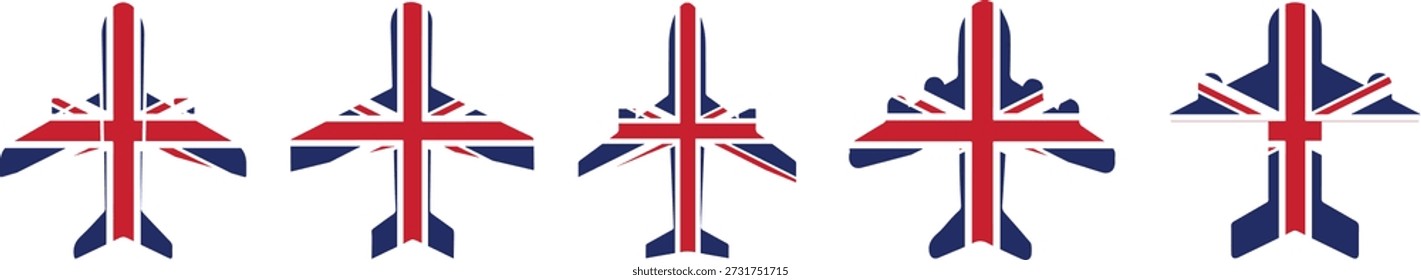 Flugzeugsymbole in der Draufsicht mit den Farben der Flagge von Großbritannien. Saubere Luftfahrt Vektor-Set mit britischen Identität Styling. Perfekt für Reise-, Flugrouten- und nationale Designkonzepte.