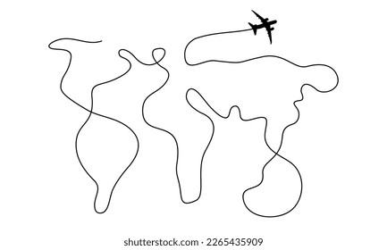 Silhouette de avión de vista superior con mapa mundial en forma de carretera de una sola línea detrás. Concepto de viaje en avión. Aislado sobre fondo blanco. Ilustración vectorial minimalista.