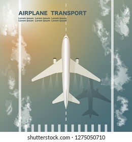 top view of airplane transport over the runway design with clouds and sunlight