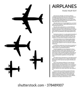 Top view airplanes vector icon set. Different airplane silhouette collection. Modern airliners set. Jet and propellers airliners on white background. Document template with sample text and air crafts.