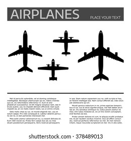 Top view airplanes vector icon set. Different airplane silhouette collection. Modern airliners set. Jet and propellers airliners on white background. Document template with sample text and air crafts.