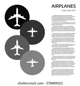 Top view airplanes vector icon set. Different airplane silhouette collection. Modern airliners set. Jet and propellers airliners on white background. Document template with sample text and air crafts.