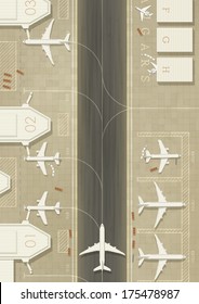 Top view of an airport with 3 types of planes. Simple flat graphic. EPS10 vector image.