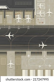 Top view of an airport with 3 types of planes. Simple flat graphic. EPS10 vector image. 