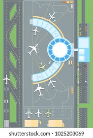 Top view of the airport - modern vector colorful illustration. A composition with a terminal, airplanes, departure area, car parking, landing zone